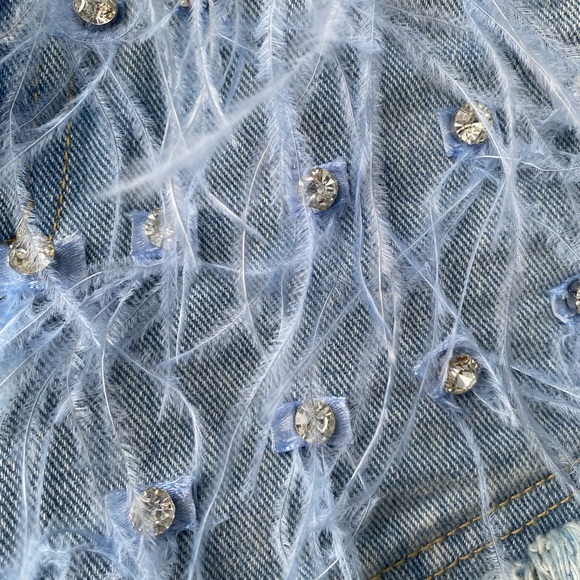 Tassel Inlaid Denim Shorts A-line Shorts Rhinestone Ostrich Feather Frayed - Picture 15 of 15